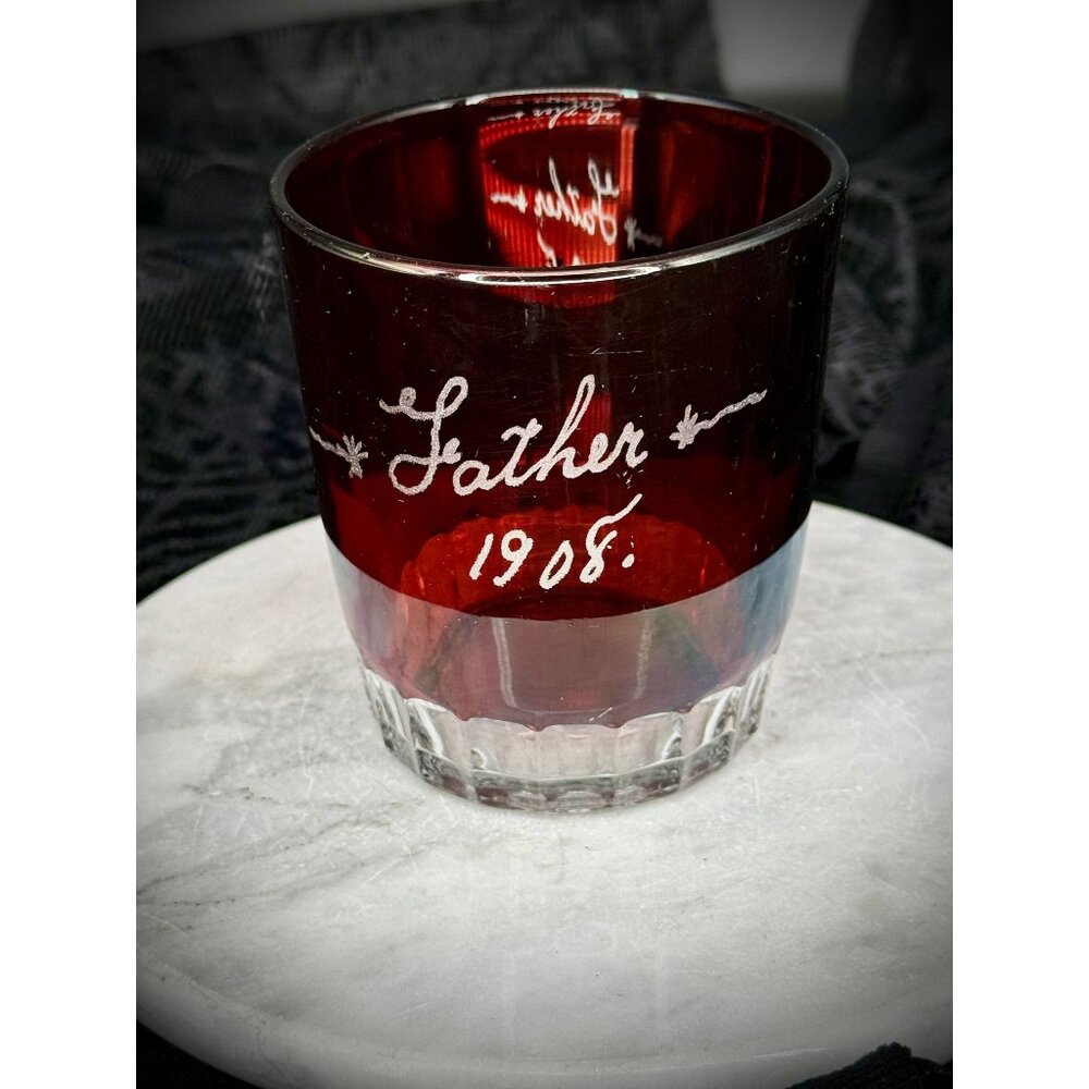 antique ruby-flash souvenir glass 1908 with father engraving